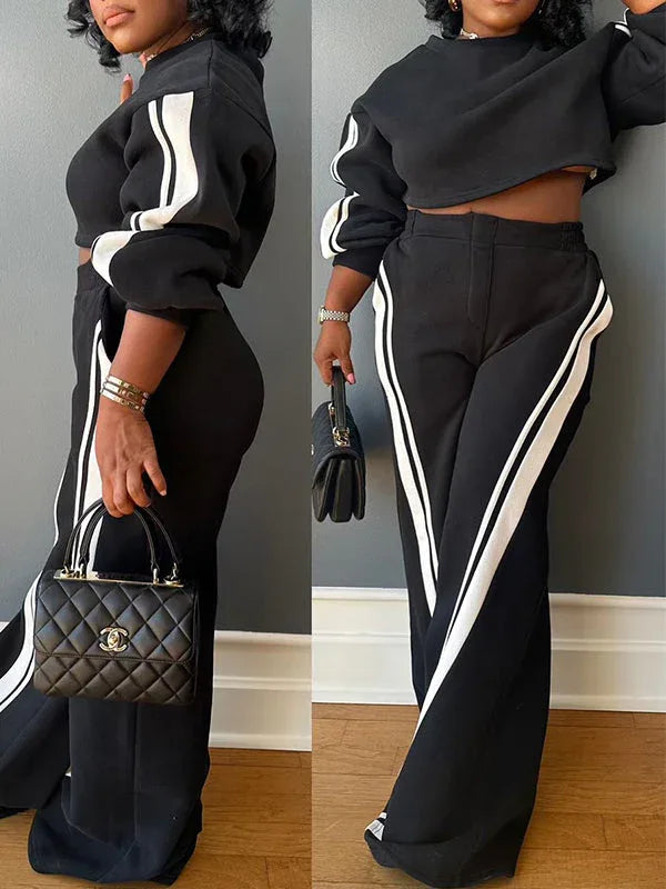 Women's Striped Casual Sweatshirt & Relaxed Wide-Leg Pants Set
