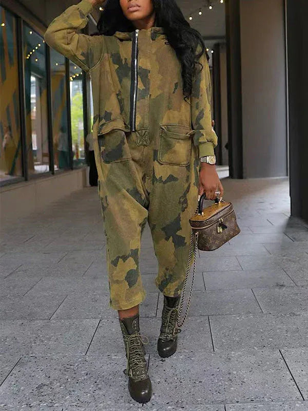 Women's Zip-Front Camo Print Multi-Pocket Cargo Jumpsuit
