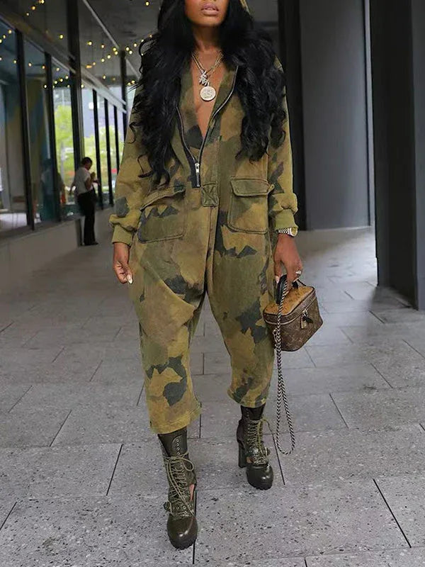 Women's Zip-Front Camo Print Multi-Pocket Cargo Jumpsuit