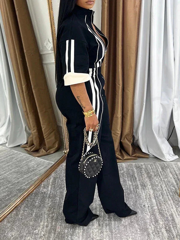 Women's Striped Zip-Front Sleeveless Wide-Leg Jumpsuit