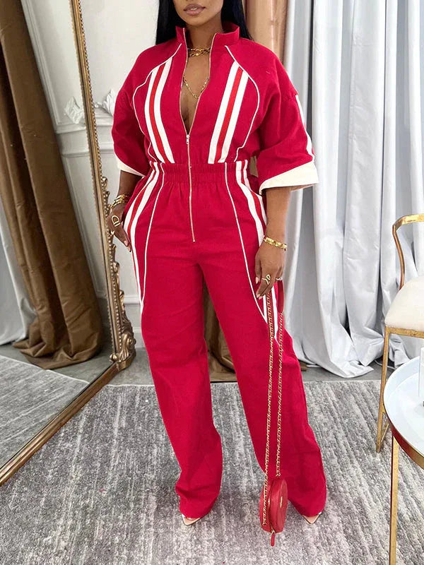 Women's Striped Zip-Front Sleeveless Wide-Leg Jumpsuit