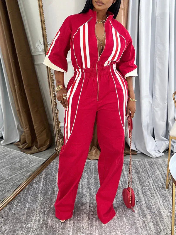 Women's Striped Zip-Front Sleeveless Wide-Leg Jumpsuit