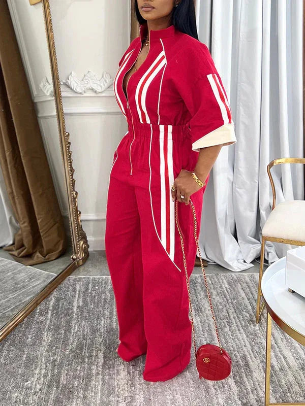 Women's Striped Zip-Front Sleeveless Wide-Leg Jumpsuit