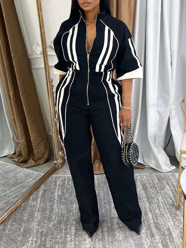 Women's Striped Zip-Front Sleeveless Wide-Leg Jumpsuit