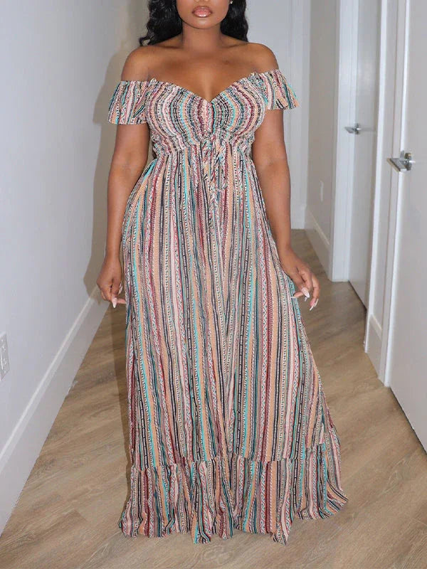 Women's Striped Off-Shoulder Maxi Dress – Short Sleeve Boho Summer