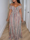 Women's Striped Off-Shoulder Maxi Dress – Short Sleeve Boho Summer