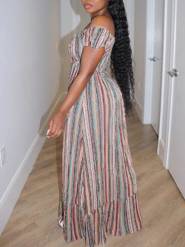 Women's Striped Off-Shoulder Maxi Dress – Short Sleeve Boho Summer