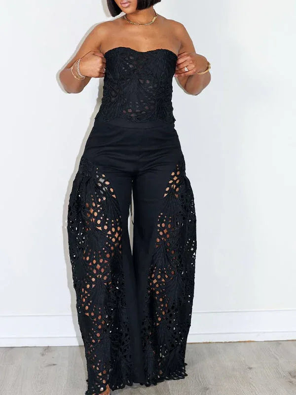 Women's Lace Trim Tube Top & Flowy Wide-Leg Pants Set