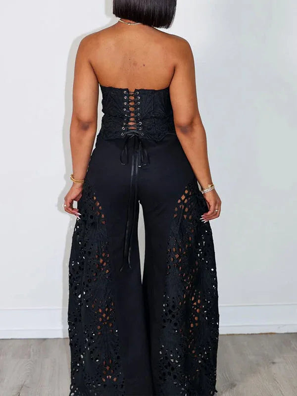 Women's Lace Trim Tube Top & Flowy Wide-Leg Pants Set