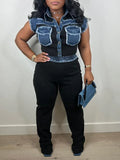 Women's Denim Patchwork Button-Down Shirt & Pants Set