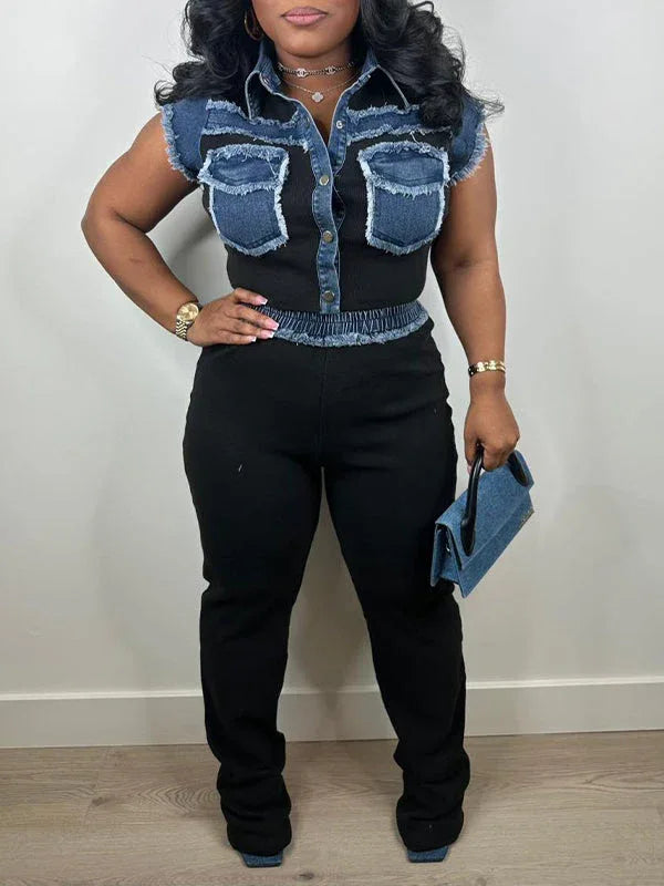 Women's Denim Patchwork Button-Down Shirt & Pants Set