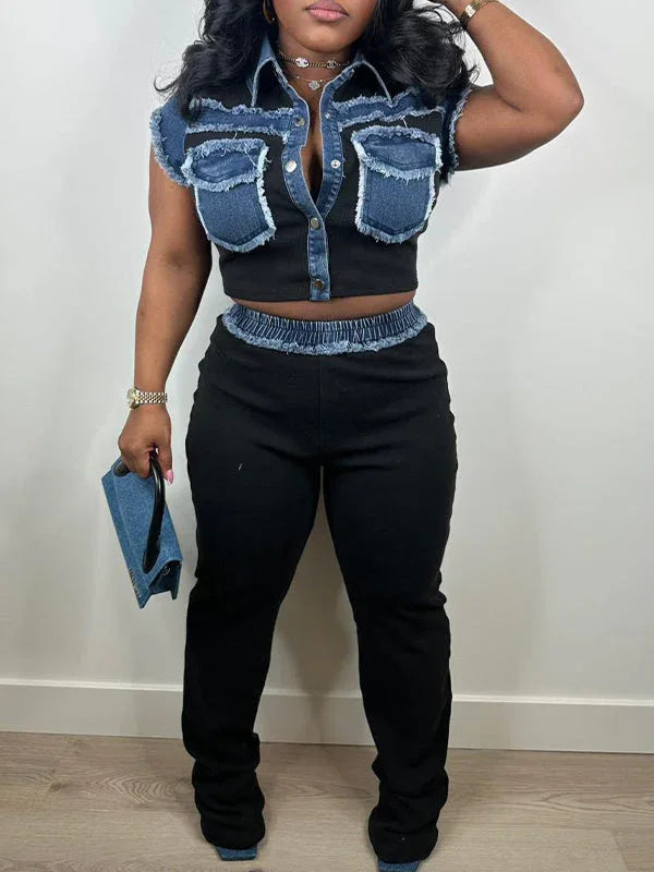 Women's Denim Patchwork Button-Down Shirt & Pants Set