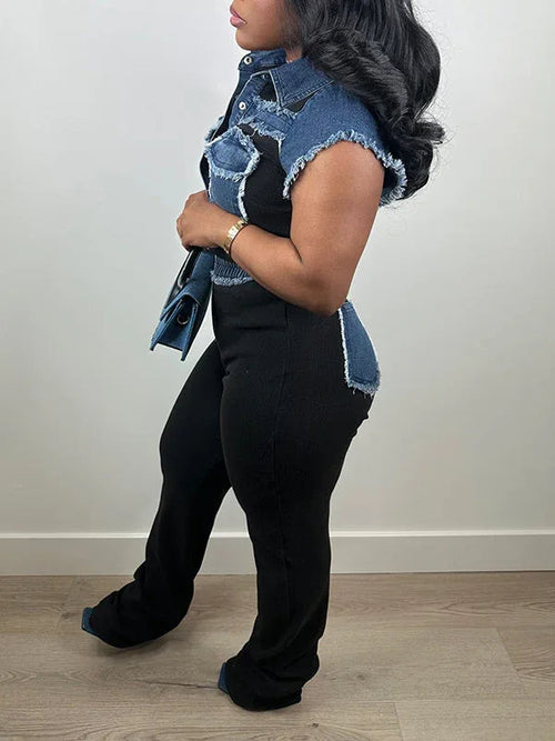 Women's Denim Patchwork Button-Down Shirt & Pants Set