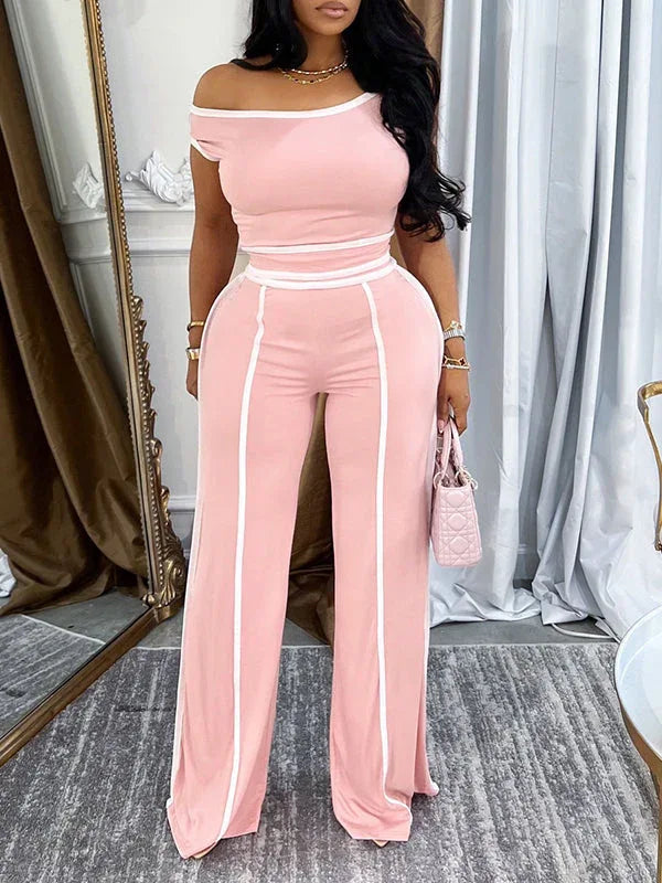 Women's Piping-Trim Off-Shoulder Top & Wide-Leg Pants Set