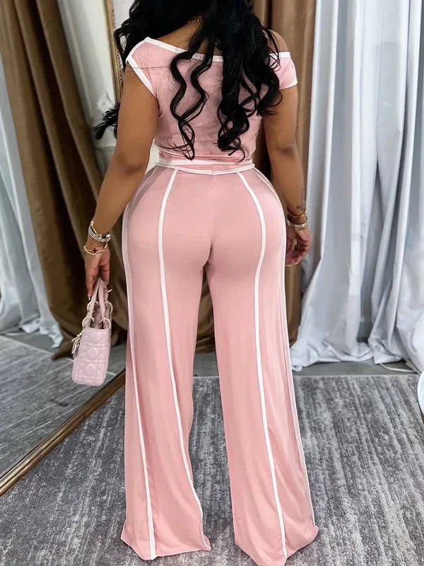 Women's Piping-Trim Off-Shoulder Top & Wide-Leg Pants Set