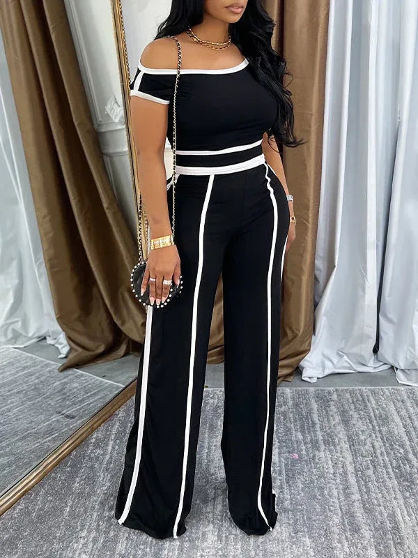 Women's Piping-Trim Off-Shoulder Top & Wide-Leg Pants Set
