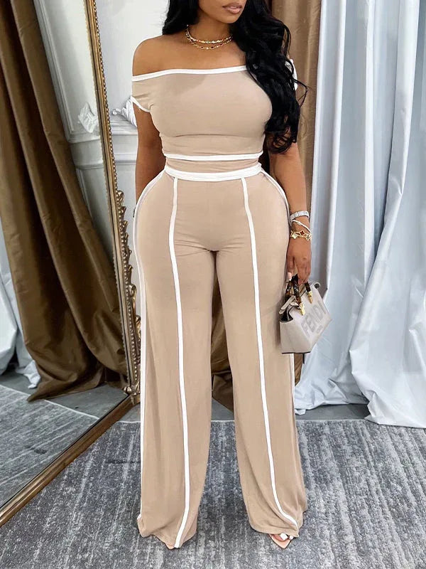 Women's Piping-Trim Off-Shoulder Top & Wide-Leg Pants Set