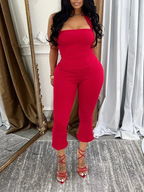Women's Solid Halter Crop Top & High-Waist Capri Pants Set