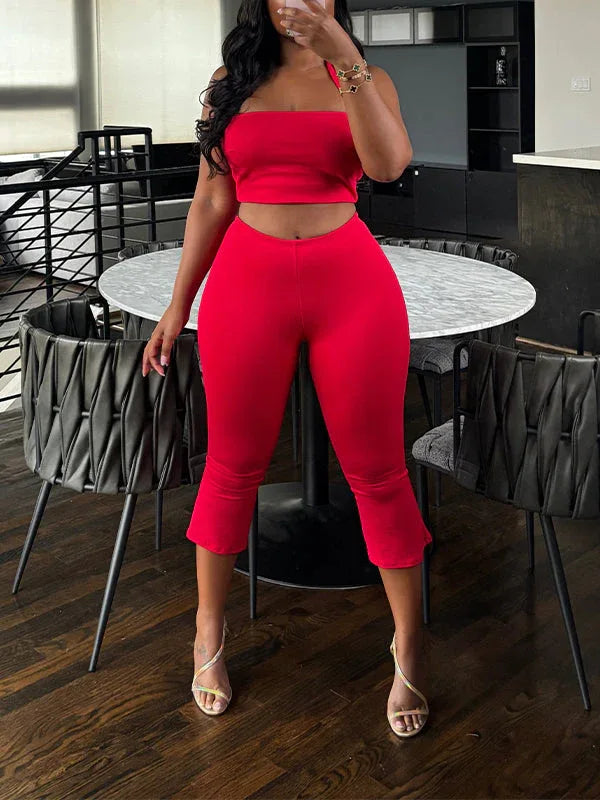Women's Solid Halter Crop Top & High-Waist Capri Pants Set