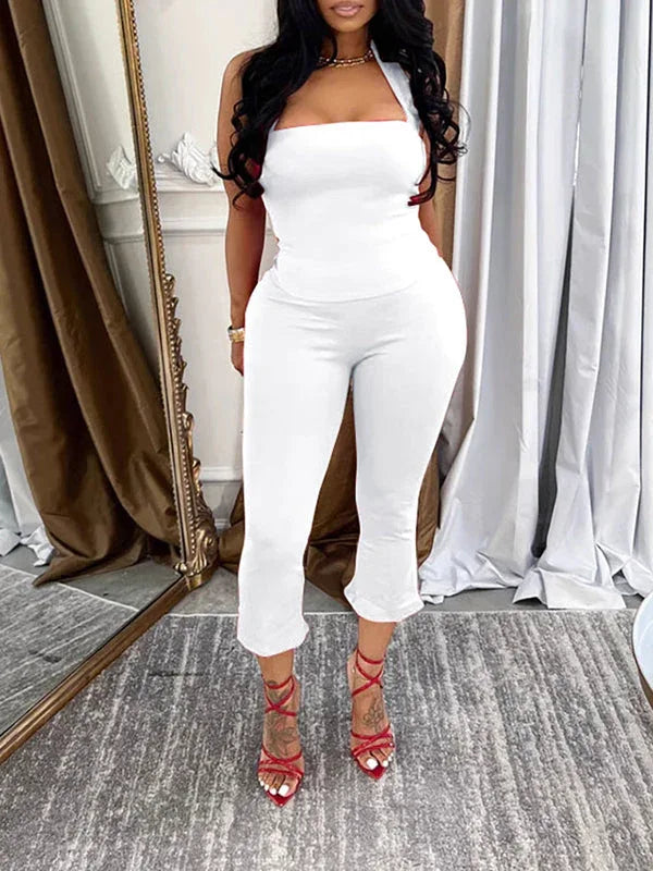 Women's Solid Halter Crop Top & High-Waist Capri Pants Set