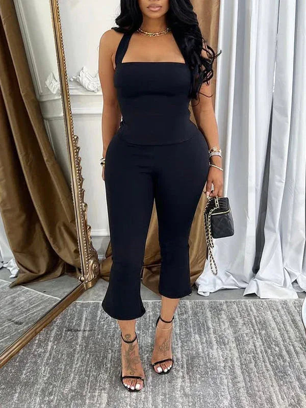 Women's Solid Halter Crop Top & High-Waist Capri Pants Set