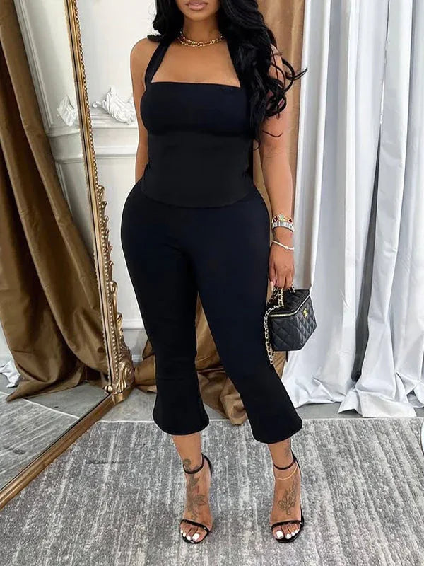 Women's Solid Halter Crop Top & High-Waist Capri Pants Set