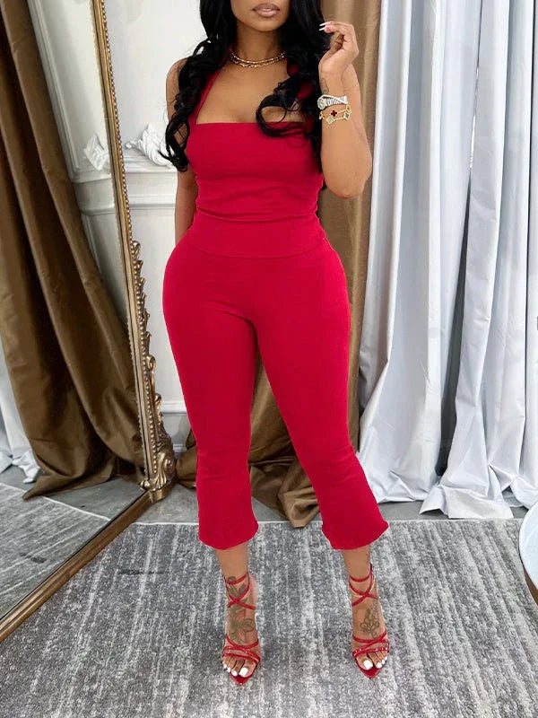Women's Solid Halter Crop Top & High-Waist Capri Pants Set