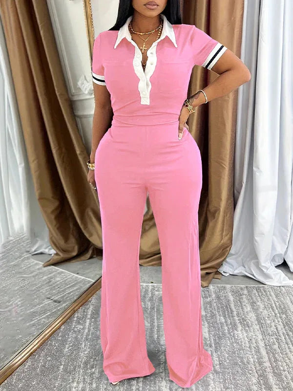 Women's Contrast Trim Polo Tee & High-Waist Pants Set