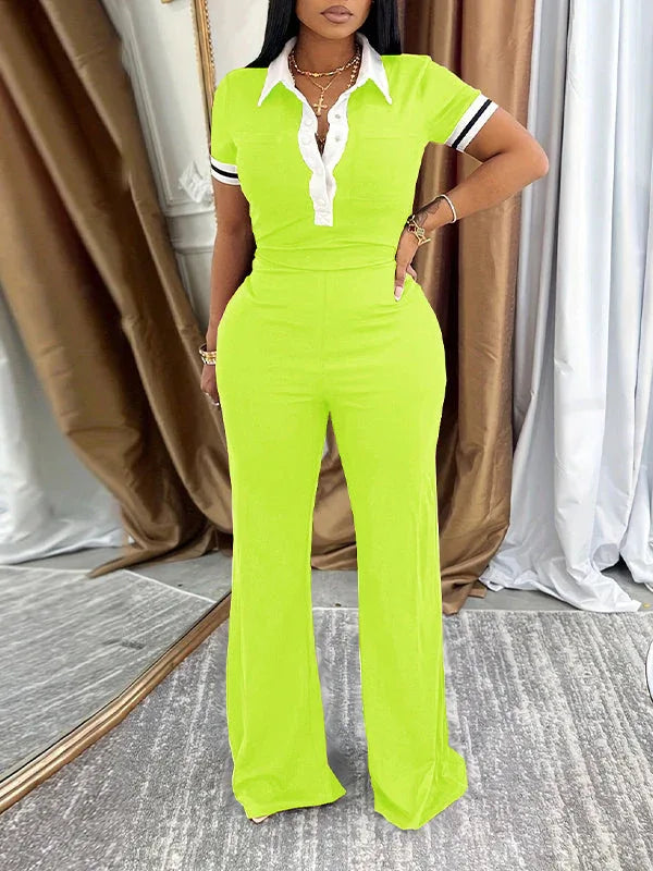 Women's Contrast Trim Polo Tee & High-Waist Pants Set