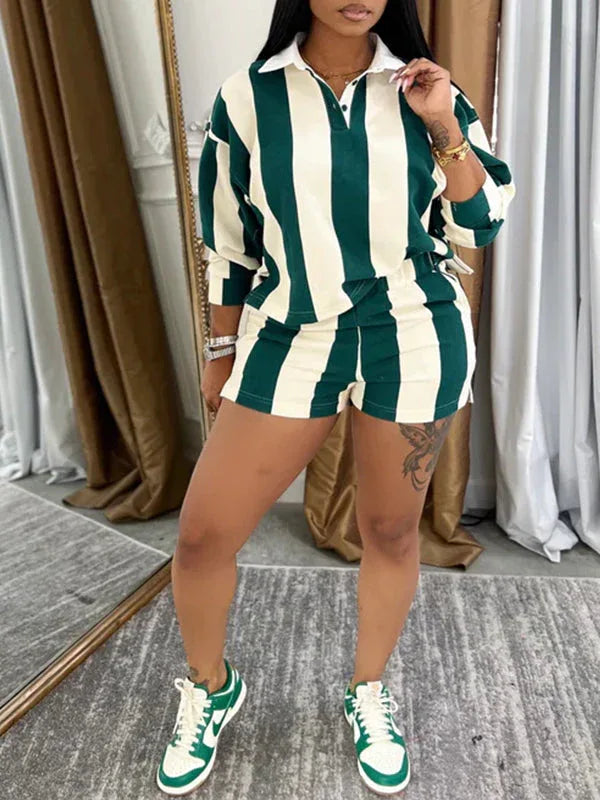 Women's Striped Polo Collar Tee & High-Waist Shorts Set