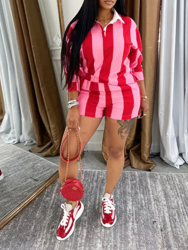 Women's Striped Polo Collar Tee & High-Waist Shorts Set
