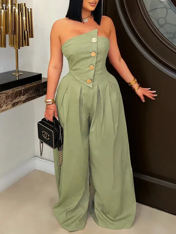 Women's Strapless Button-Front High-Waist Wide-Leg Jumpsuit
