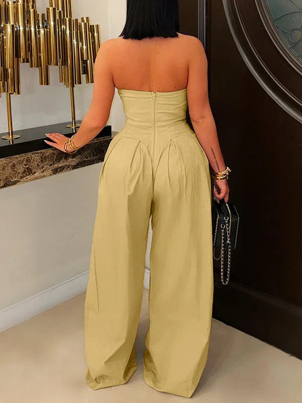 Women's Strapless Button-Front High-Waist Wide-Leg Jumpsuit