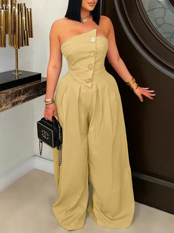 Women's Strapless Button-Front High-Waist Wide-Leg Jumpsuit