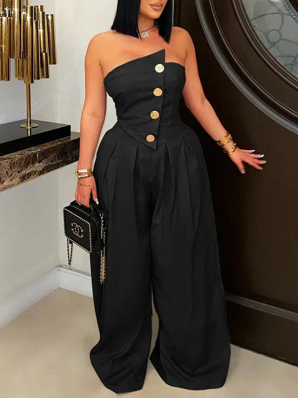Women's Strapless Button-Front High-Waist Wide-Leg Jumpsuit