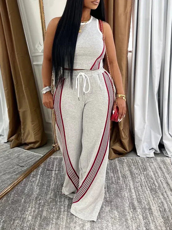 Women's Striped Sleeveless Tank Top & Wide-Leg Pants Set