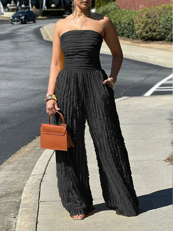 Women's Ruched Strapless High-Waist Wide-Leg Jumpsuit