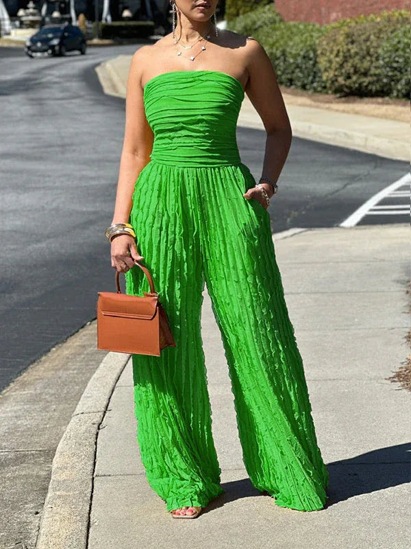 Women's Ruched Strapless High-Waist Wide-Leg Jumpsuit