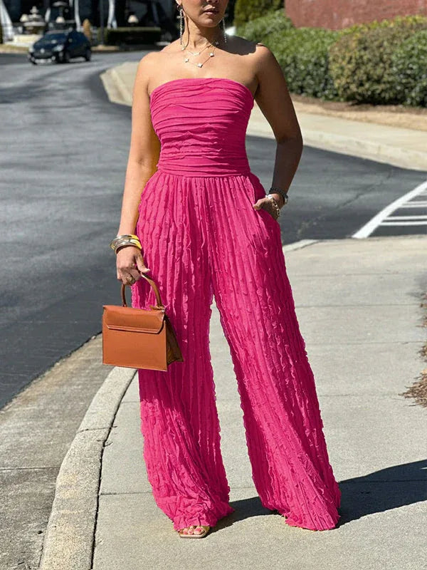 Women's Ruched Strapless High-Waist Wide-Leg Jumpsuit