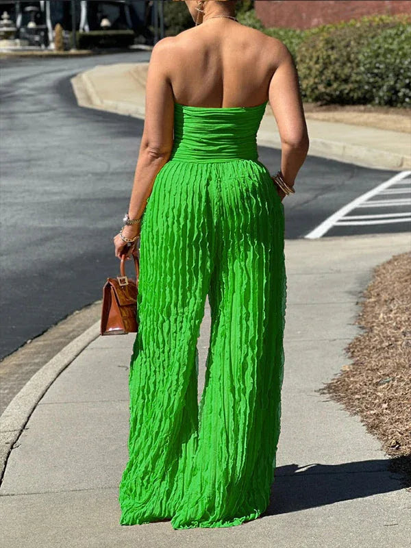 Women's Ruched Strapless High-Waist Wide-Leg Jumpsuit
