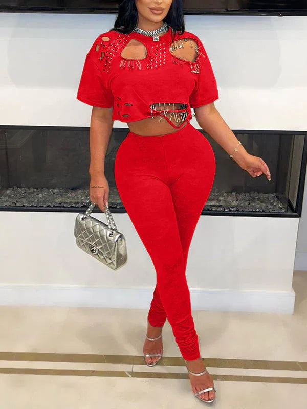 Women's Ripped Distressed Tee & High-Waist Wide-Leg Pants Set