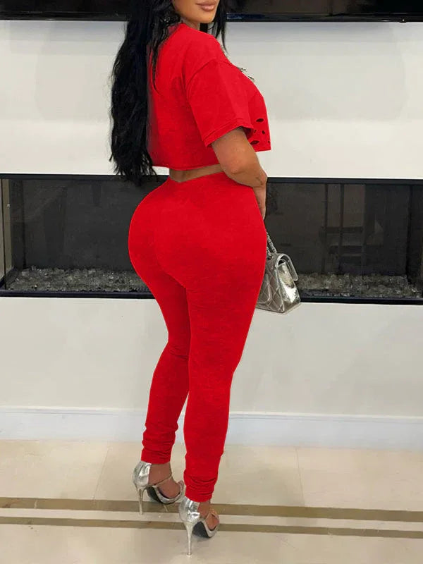 Women's Ripped Distressed Tee & High-Waist Wide-Leg Pants Set