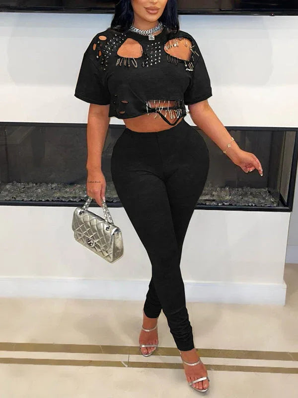 Women's Ripped Distressed Tee & High-Waist Wide-Leg Pants Set