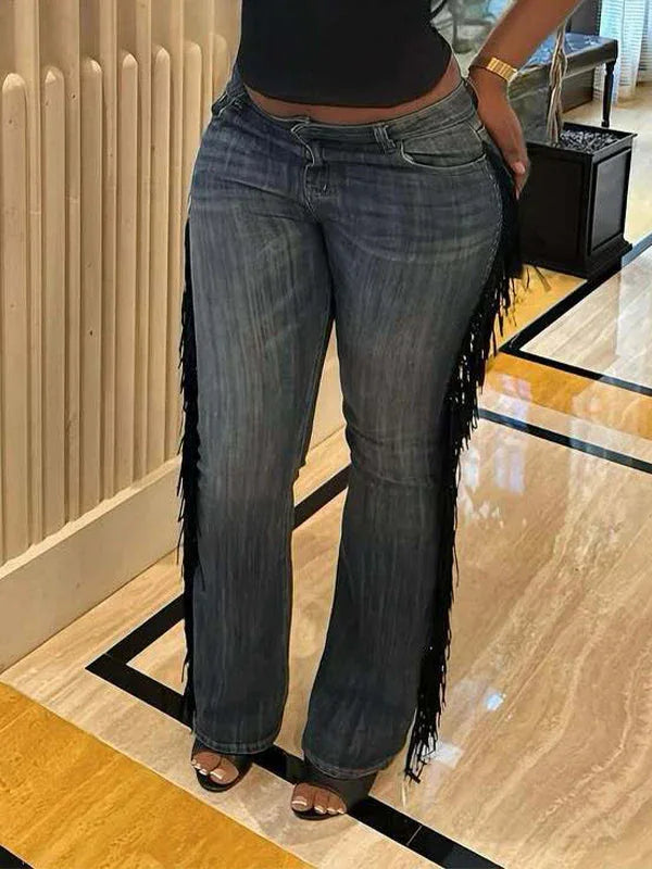 Women's Fringe Patchwork Straight-Leg Denim Jeans