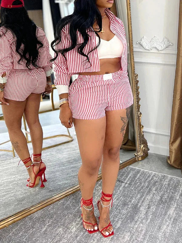 Women's Striped Button-Down Shirt & High-Waist Shorts Set