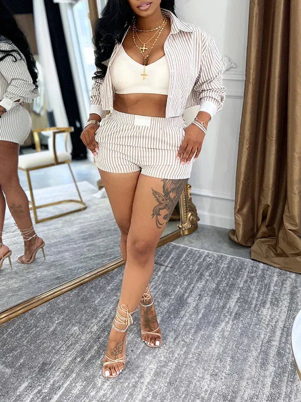 Women's Striped Button-Down Shirt & High-Waist Shorts Set