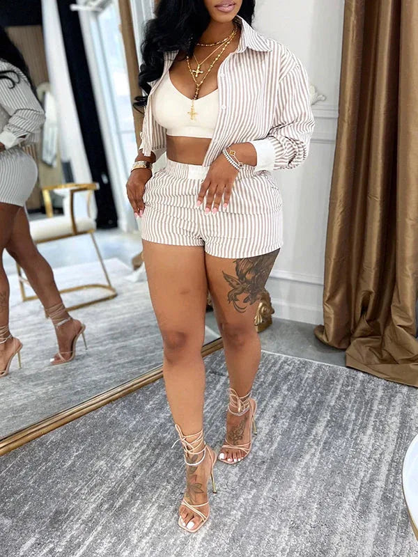Women's Striped Button-Down Shirt & High-Waist Shorts Set