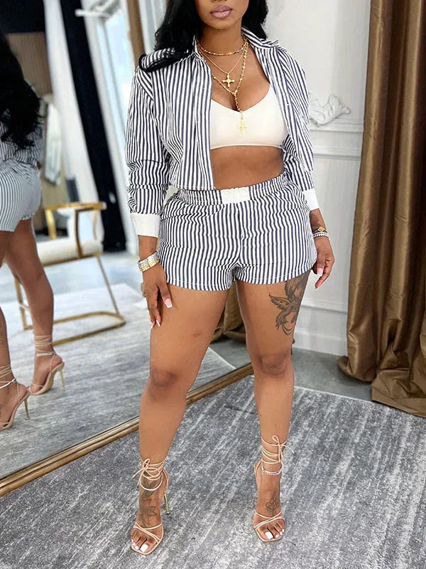 Women's Striped Button-Down Shirt & High-Waist Shorts Set