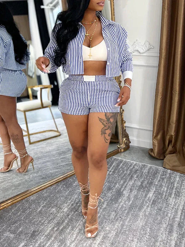 Women's Striped Button-Down Shirt & High-Waist Shorts Set
