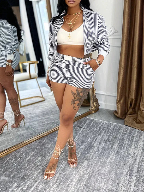 Women's Striped Button-Down Shirt & High-Waist Shorts Set